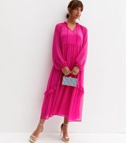 New Look Bright Pink Chiffon Tiered Frill Midi Smock Dress